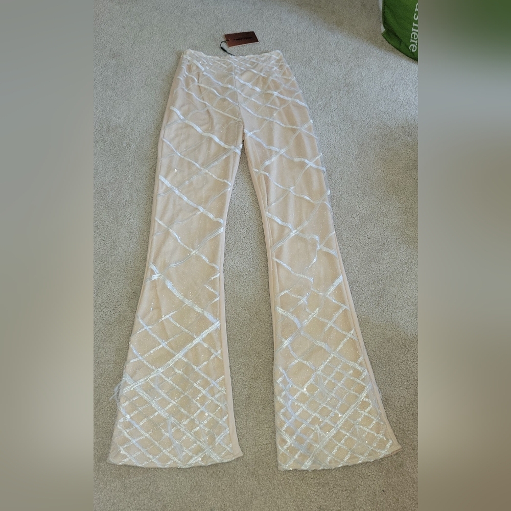 New premium nude Embroidered sequin flared trousers pants womens size 8